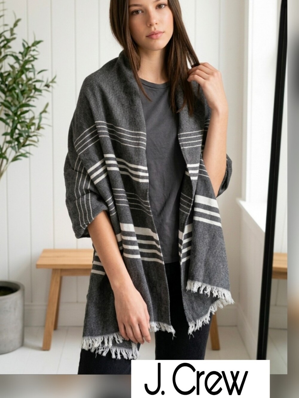 J. Crew Charcoal and White Striped Fringe Throw Shawl Poncho Arm Holes OS